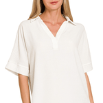 Woven Airflow Collared Top - White Tops Zenana