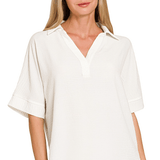 Woven Airflow Collared Top - White Tops Zenana