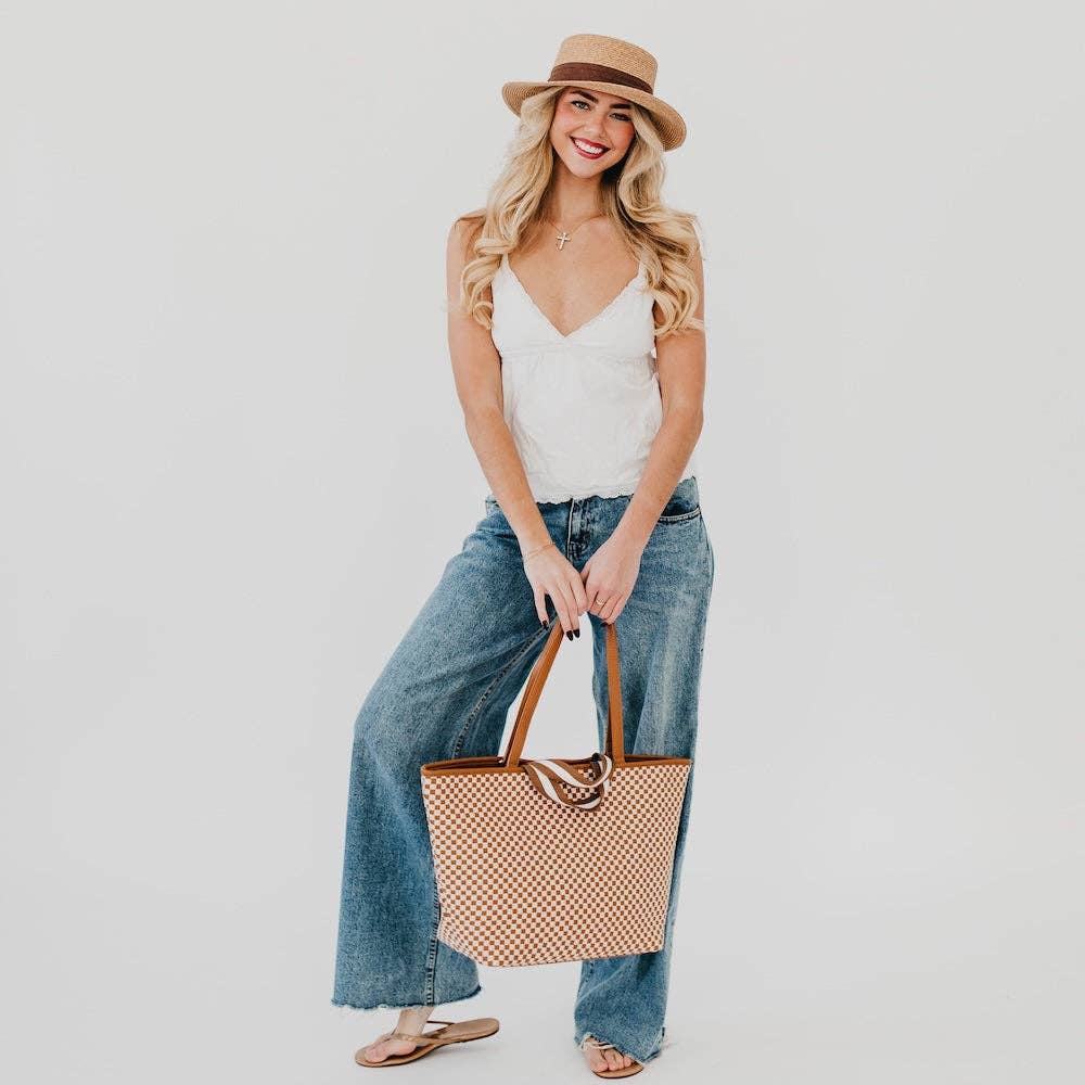 Woven Tiffany Organizer Tote Bag - Checkered Brown Purses + Totes Pretty Simple