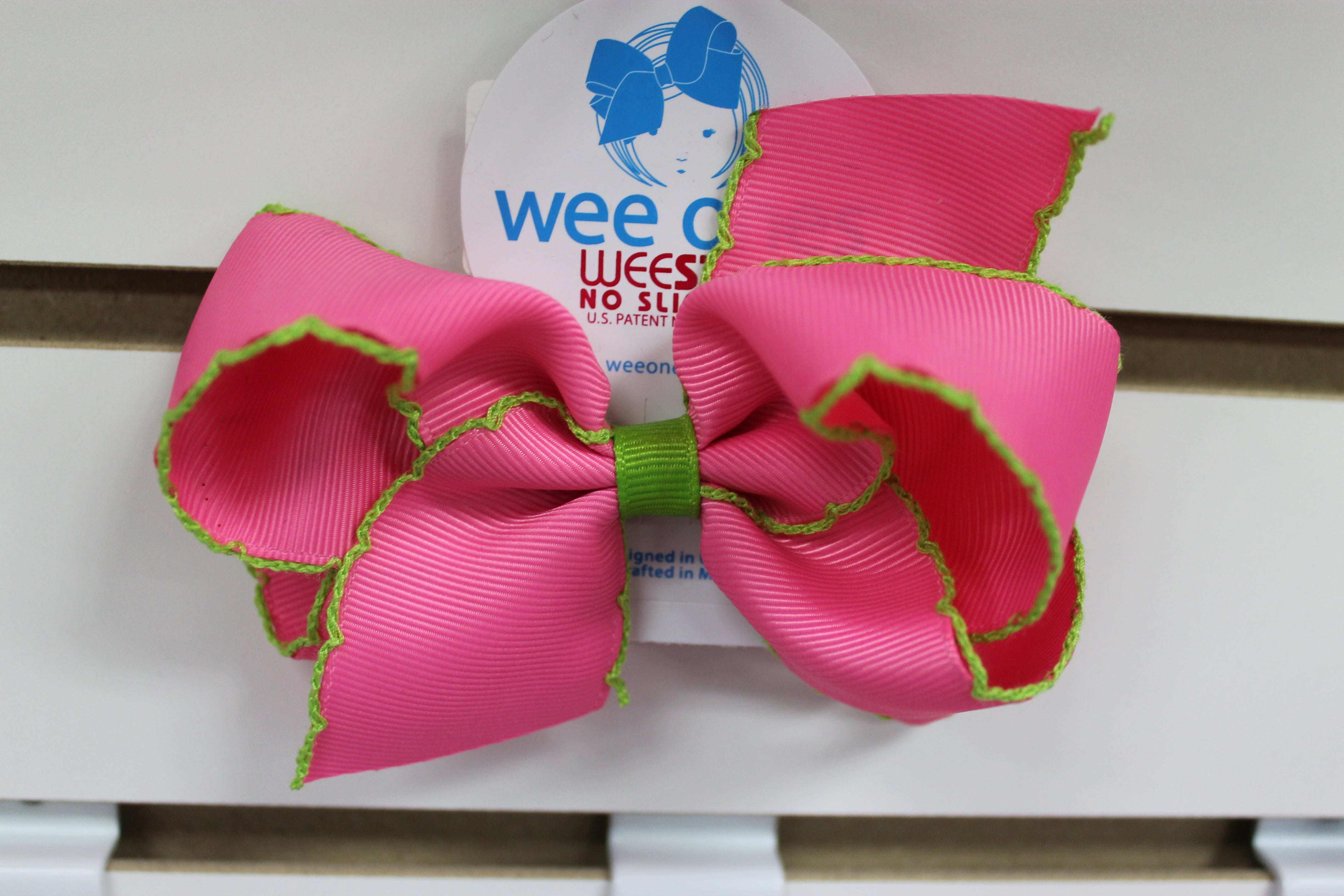 Medium Moonstitch Basic Bow Kids Hair Accessories Wee Ones Pink with Green  